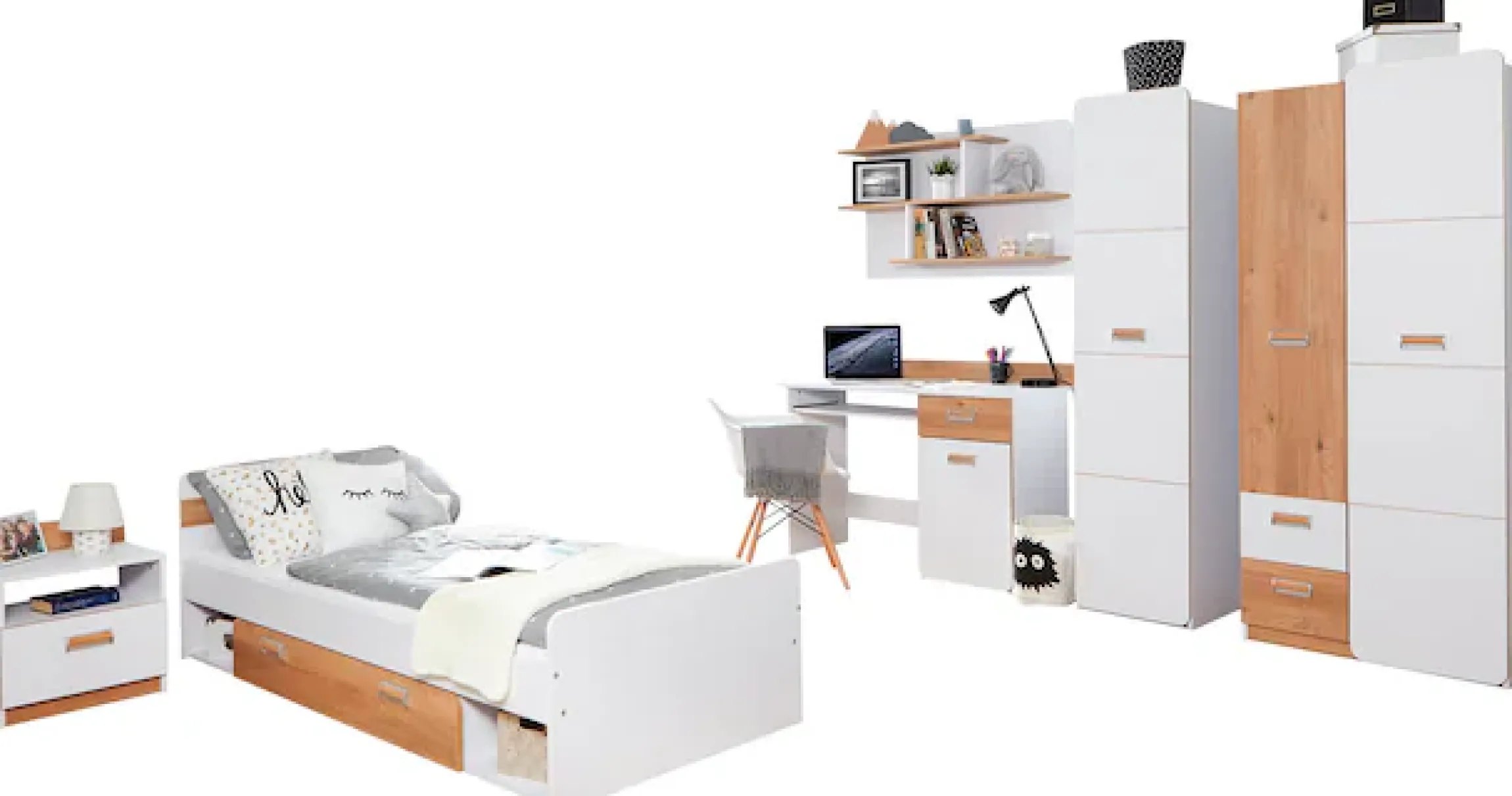 Ticaa Jugendzimmer-Set »Lori« Set, Bett, Schrank, Schreibtisch, Standregal, Wandregal, Nachttisch, 6 Stk. tlg. Bett + Schrank + Schreibtisch + Standregal + Wandregal + Nachttisch