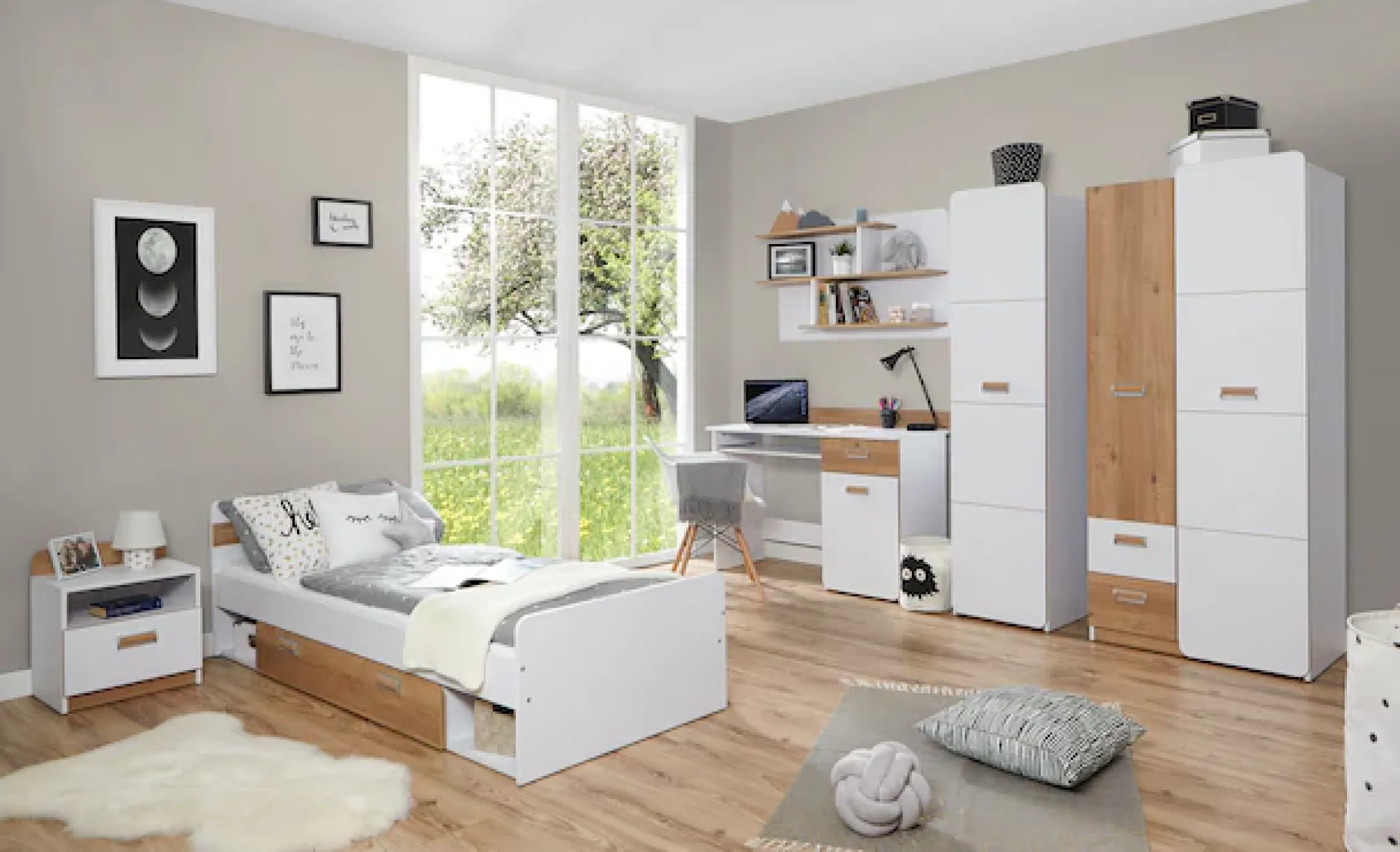 Ticaa Jugendzimmer-Set »Lori« Set, Bett, Schrank, Schreibtisch, Standregal, Wandregal, Nachttisch, 6 Stk. tlg. Bett + Schrank + Schreibtisch + Standregal + Wandregal + Nachttisch