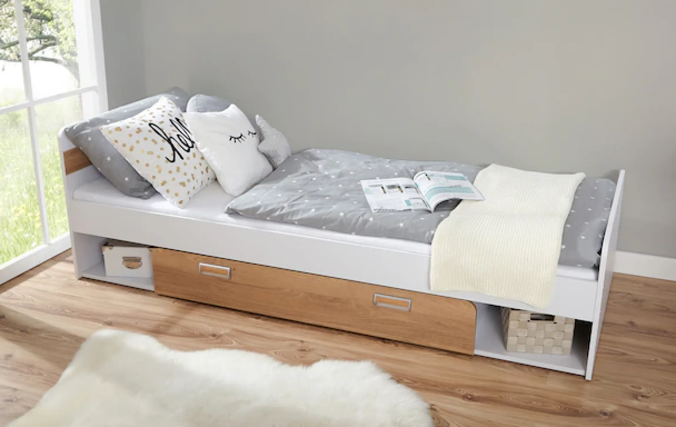 Ticaa Jugendzimmer-Set »Lori« Set, Bett, Schrank, Schreibtisch, Standregal, Wandregal, Nachttisch, 6 Stk. tlg. Bett + Schrank + Schreibtisch + Standregal + Wandregal + Nachttisch