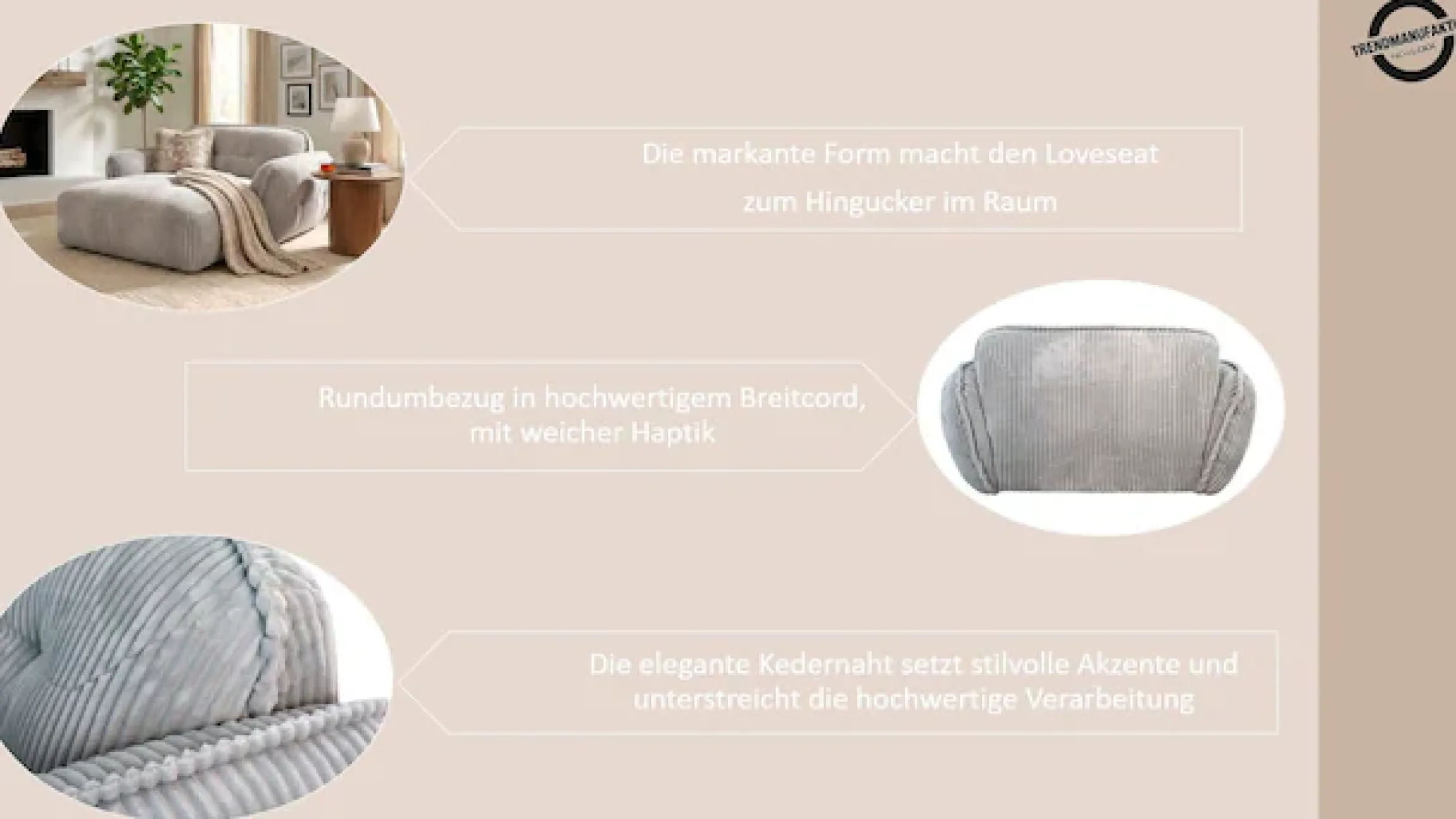 TRENDMANUFAKTUR Chaiselongue »Be Fluffy, mit Rundumbezug, Loveseat mit moderner breiter Kedernaht« mit softem Sitzkomfort, in hochwertigem Breitcord mit weicher Haptik