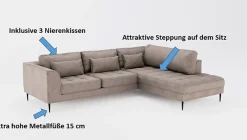 TRENDMANUFAKTUR Ecksofa »Luzi, wahlweise mit Schlaffunktion und Bettkasten, gemütlich, L-Form« Designsofa mit Ottomane, Metallfüße schwarz, Breite 264 cm