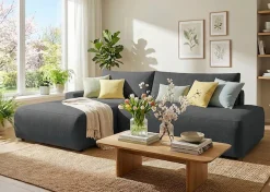 TRENDMANUFAKTUR Ecksofa »Prag, Schlafsofa mit Bettkasten, Couch in L-Form, Breite 253 cm« in feinem Strukturstoff, anthrazit, Recamiere links