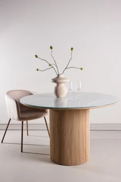 Venture Home Esstisch »Härön, runder Esstisch Ø 120 cm mit Glasplatte und Holzfuß, FSC« Esszimmertisch, transparente Platte, MDF-Mittelfuß, gerippt, hell