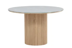 Venture Home Esstisch »Härön, runder Esstisch Ø 120 cm mit Glasplatte und Holzfuß, FSC« Esszimmertisch, transparente Platte, MDF-Mittelfuß, gerippt, hell