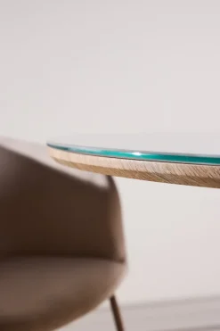 Venture Home Esstisch »Härön, runder Esstisch Ø 120 cm mit Glasplatte und Holzfuß, FSC« Esszimmertisch, transparente Platte, MDF-Mittelfuß, gerippt, hell