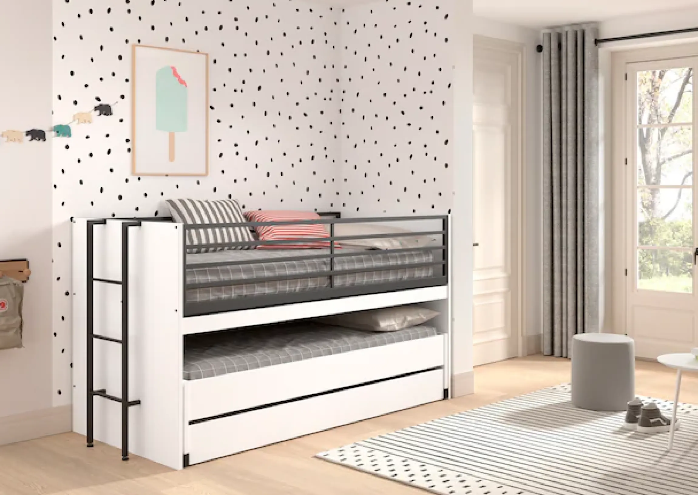 Vipack Etagenbett »praktisches Etagenbett mit viel Funktion, 2 Dekore zur Wahl« B/H/T ca. 219x114x98cm, Metall Leiter und Absturzschutz in schwarz,für kleine Räume, 2 Liegefl., Bettschublade, inkl. Schreibtisch
