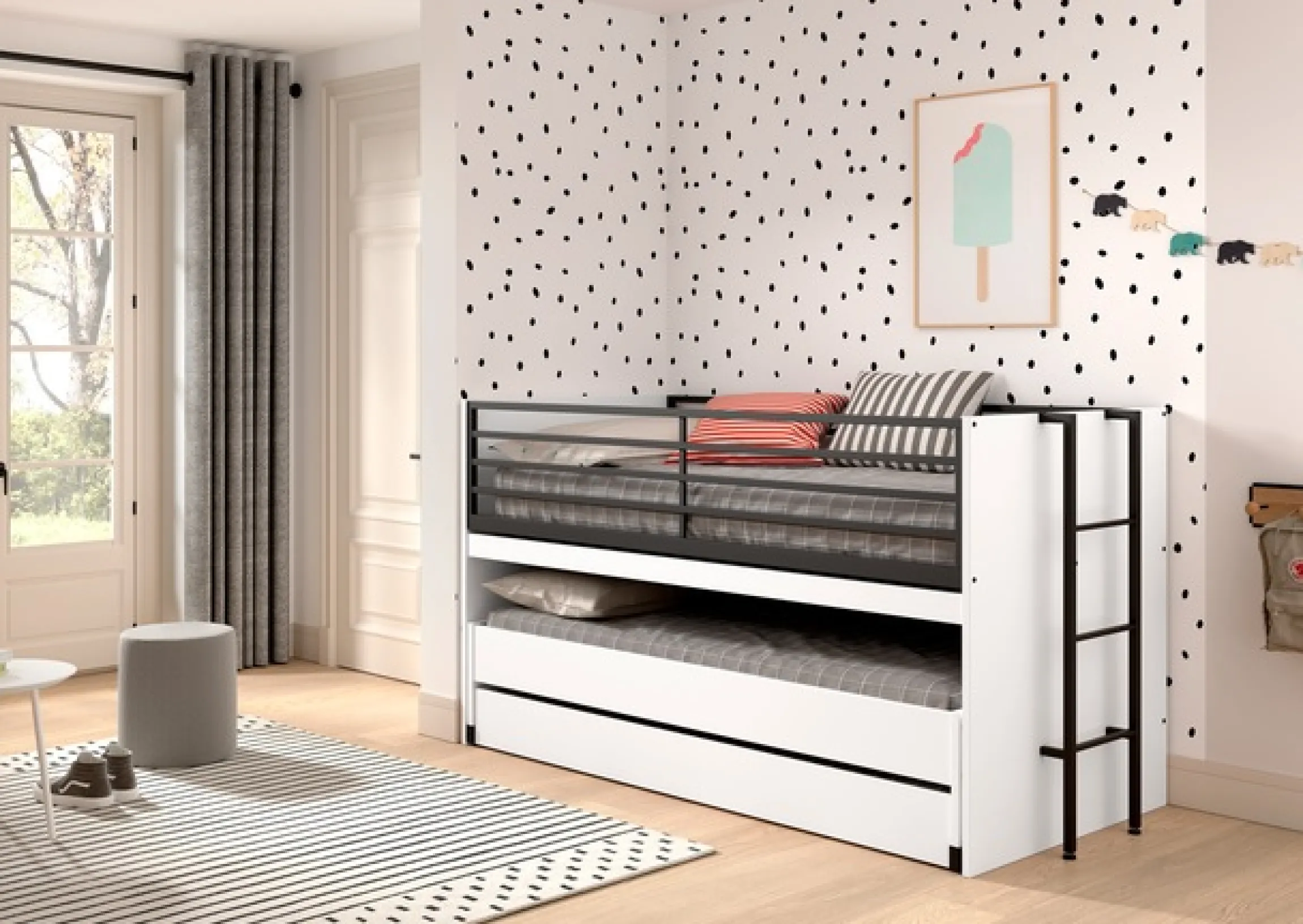 Vipack Etagenbett »praktisches Etagenbett mit viel Funktion, 2 Dekore zur Wahl« B/H/T ca. 219x114x98cm, Metall Leiter und Absturzschutz in schwarz,für kleine Räume, 2 Liegefl., Bettschublade, inkl. Schreibtisch