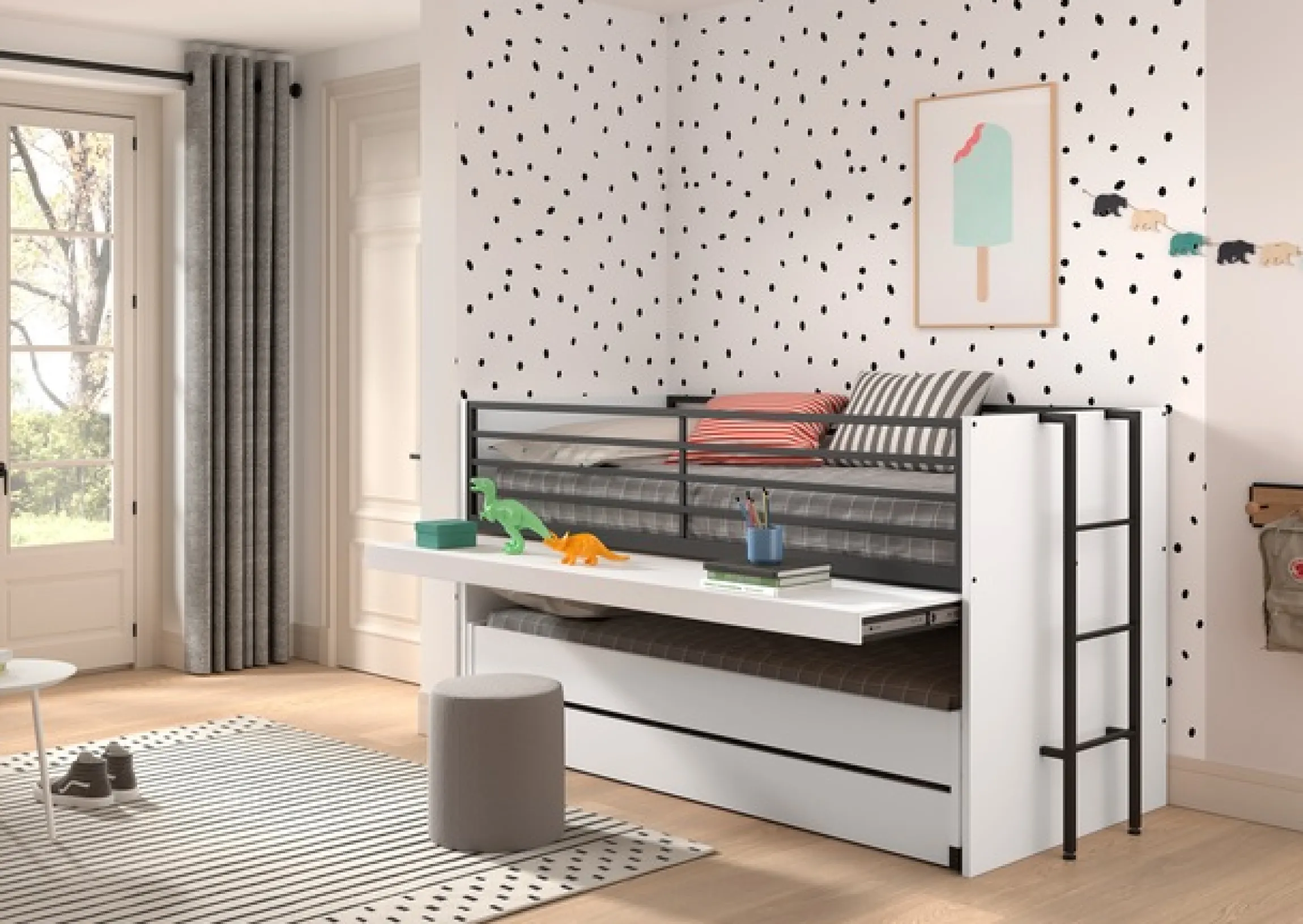 Vipack Etagenbett »praktisches Etagenbett mit viel Funktion, 2 Dekore zur Wahl« B/H/T ca. 219x114x98cm, Metall Leiter und Absturzschutz in schwarz,für kleine Räume, 2 Liegefl., Bettschublade, inkl. Schreibtisch