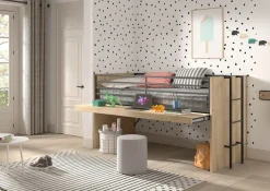 Vipack Hochbett »Sam, schlafen und arbeiten in einem, wahlweise Eiche- oder Weiß-Dekor« Liegefläche 90x200 cm, darunter eine große ausziehbare Schreibplatte,Inkl. Absturzschutz u. Leiter, pflegeleichte Dekor Oberfläche