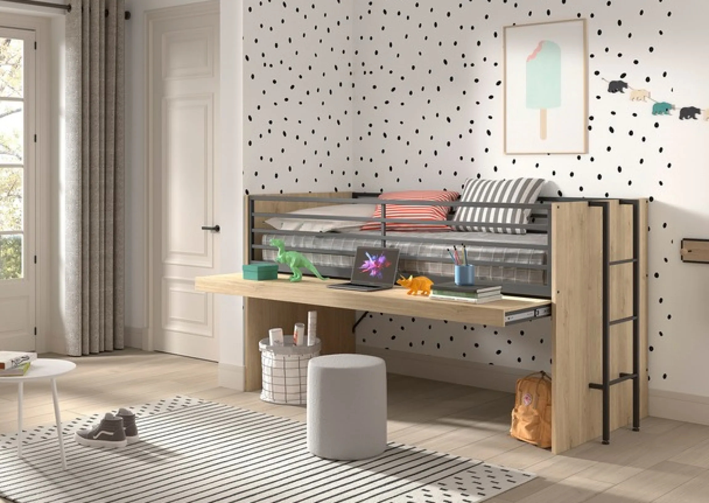 Vipack Hochbett »Sam, schlafen und arbeiten in einem, wahlweise Eiche- oder Weiß-Dekor« Liegefläche 90x200 cm, darunter eine große ausziehbare Schreibplatte,Inkl. Absturzschutz u. Leiter, pflegeleichte Dekor Oberfläche
