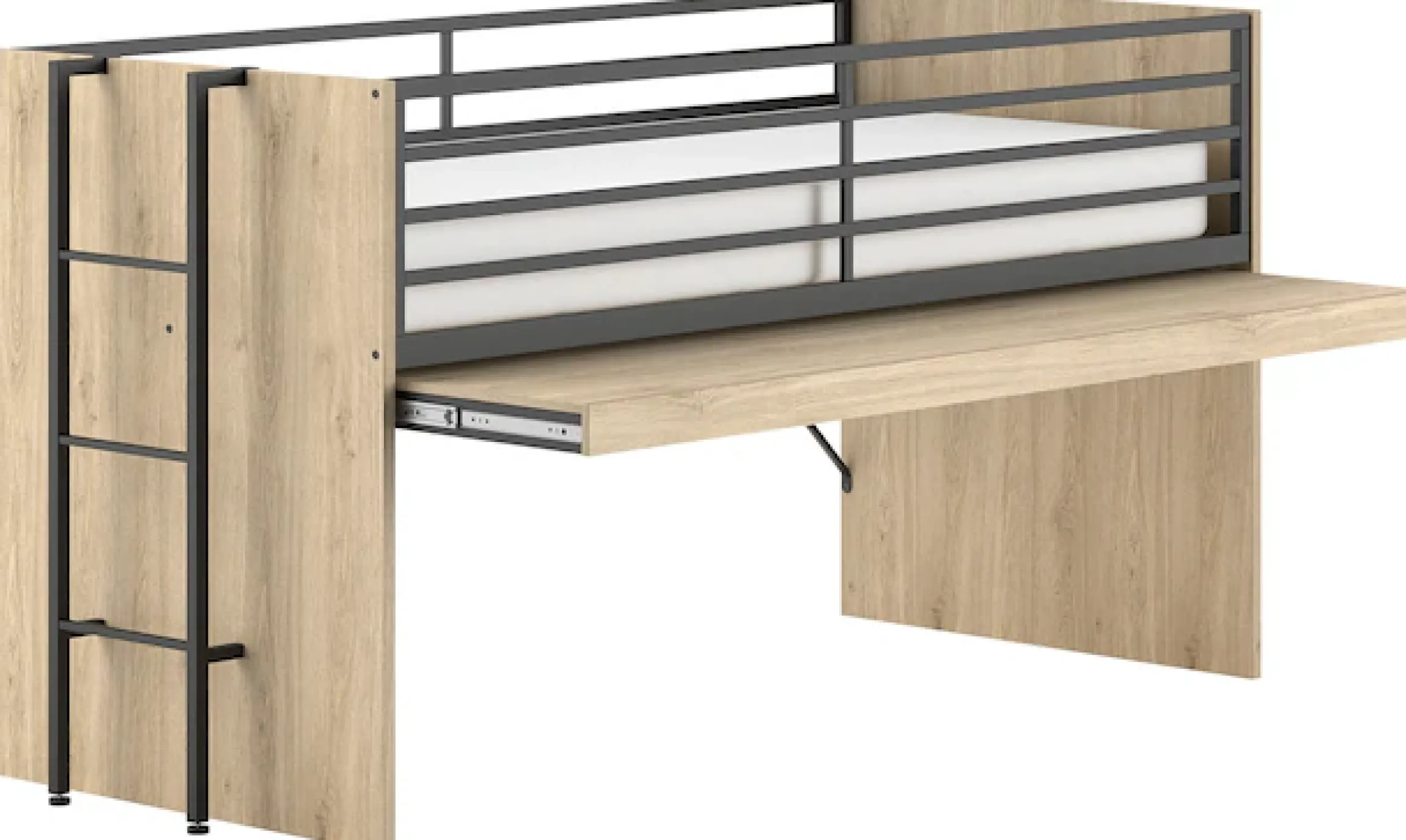 Vipack Hochbett »Sam, schlafen und arbeiten in einem, wahlweise Eiche- oder Weiß-Dekor« Liegefläche 90x200 cm, darunter eine große ausziehbare Schreibplatte,Inkl. Absturzschutz u. Leiter, pflegeleichte Dekor Oberfläche