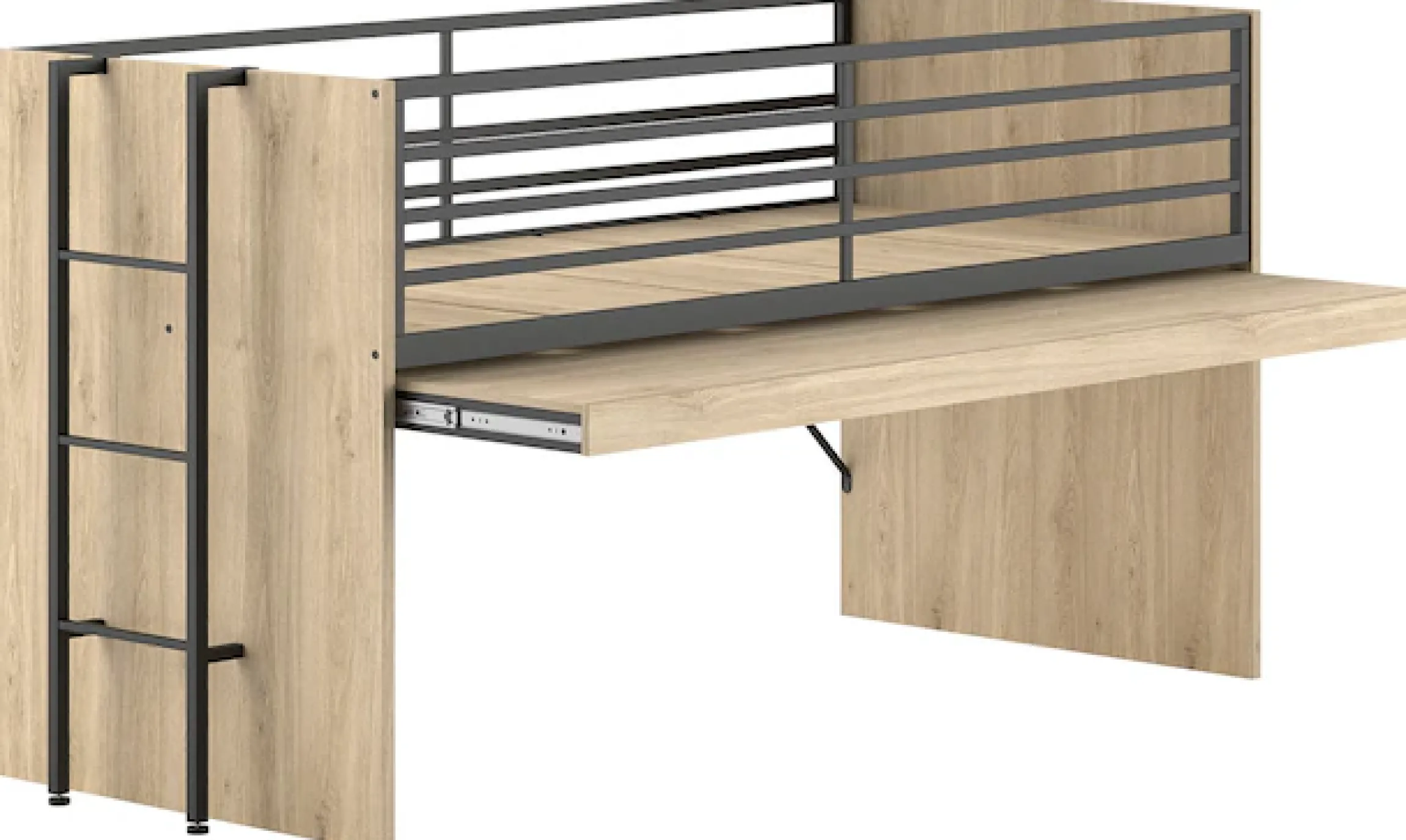 Vipack Hochbett »Sam, schlafen und arbeiten in einem, wahlweise Eiche- oder Weiß-Dekor« Liegefläche 90x200 cm, darunter eine große ausziehbare Schreibplatte,Inkl. Absturzschutz u. Leiter, pflegeleichte Dekor Oberfläche