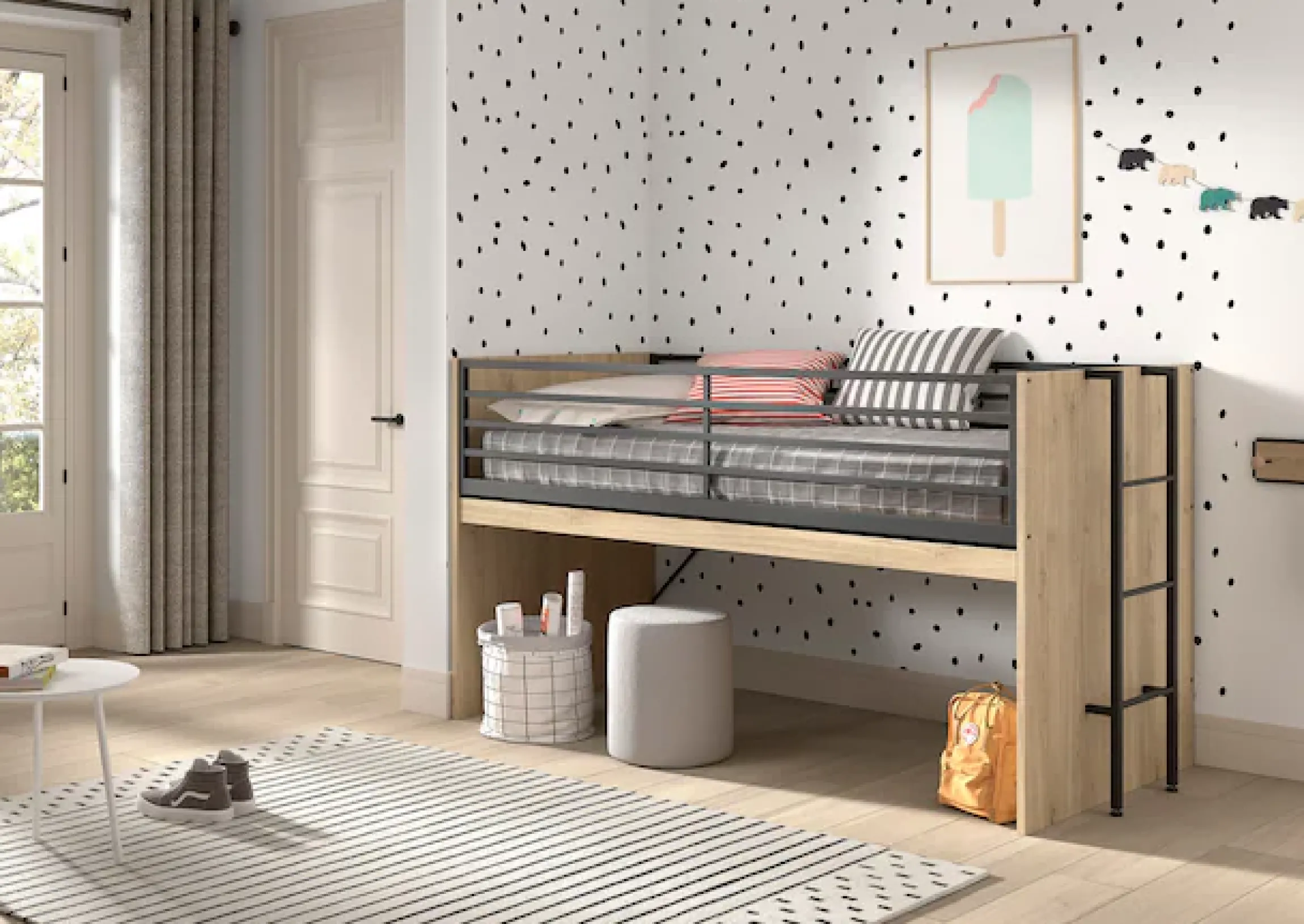Vipack Hochbett »Sam, schlafen und arbeiten in einem, wahlweise Eiche- oder Weiß-Dekor« Liegefläche 90x200 cm, darunter eine große ausziehbare Schreibplatte,Inkl. Absturzschutz u. Leiter, pflegeleichte Dekor Oberfläche