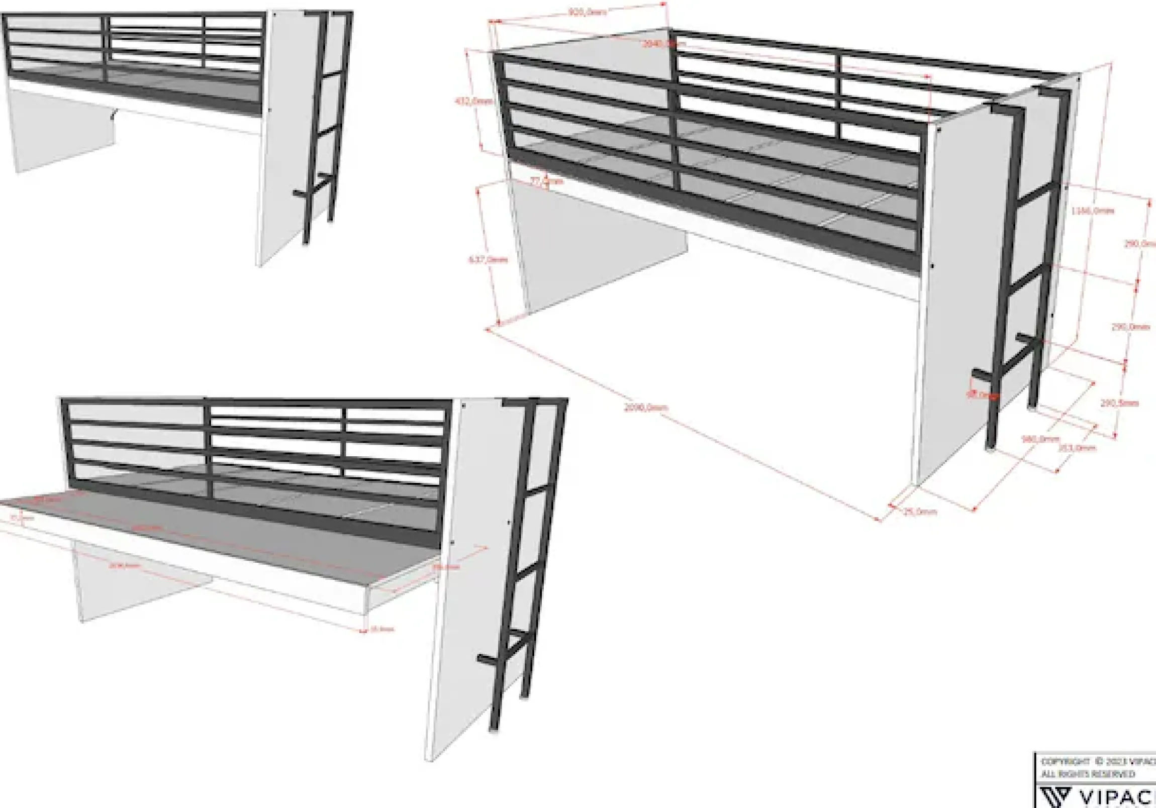 Vipack Hochbett »Sam, schlafen und arbeiten in einem, wahlweise Eiche- oder Weiß-Dekor« Liegefläche 90x200 cm, darunter eine große ausziehbare Schreibplatte,Inkl. Absturzschutz u. Leiter, pflegeleichte Dekor Oberfläche