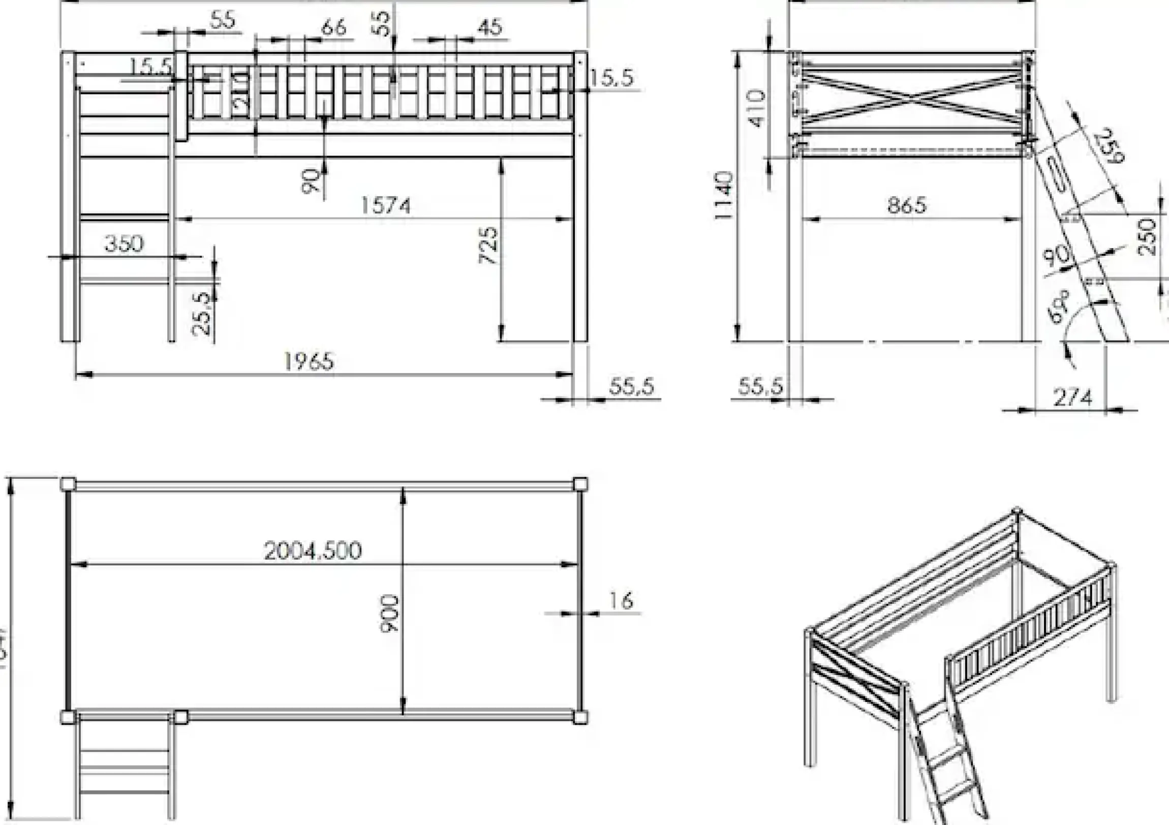 Vipack Hochbett »Scott« Made in Europe,mit schräger Leiter, LF 90x200 cm, Vorhang, Tasche, 4 Designs