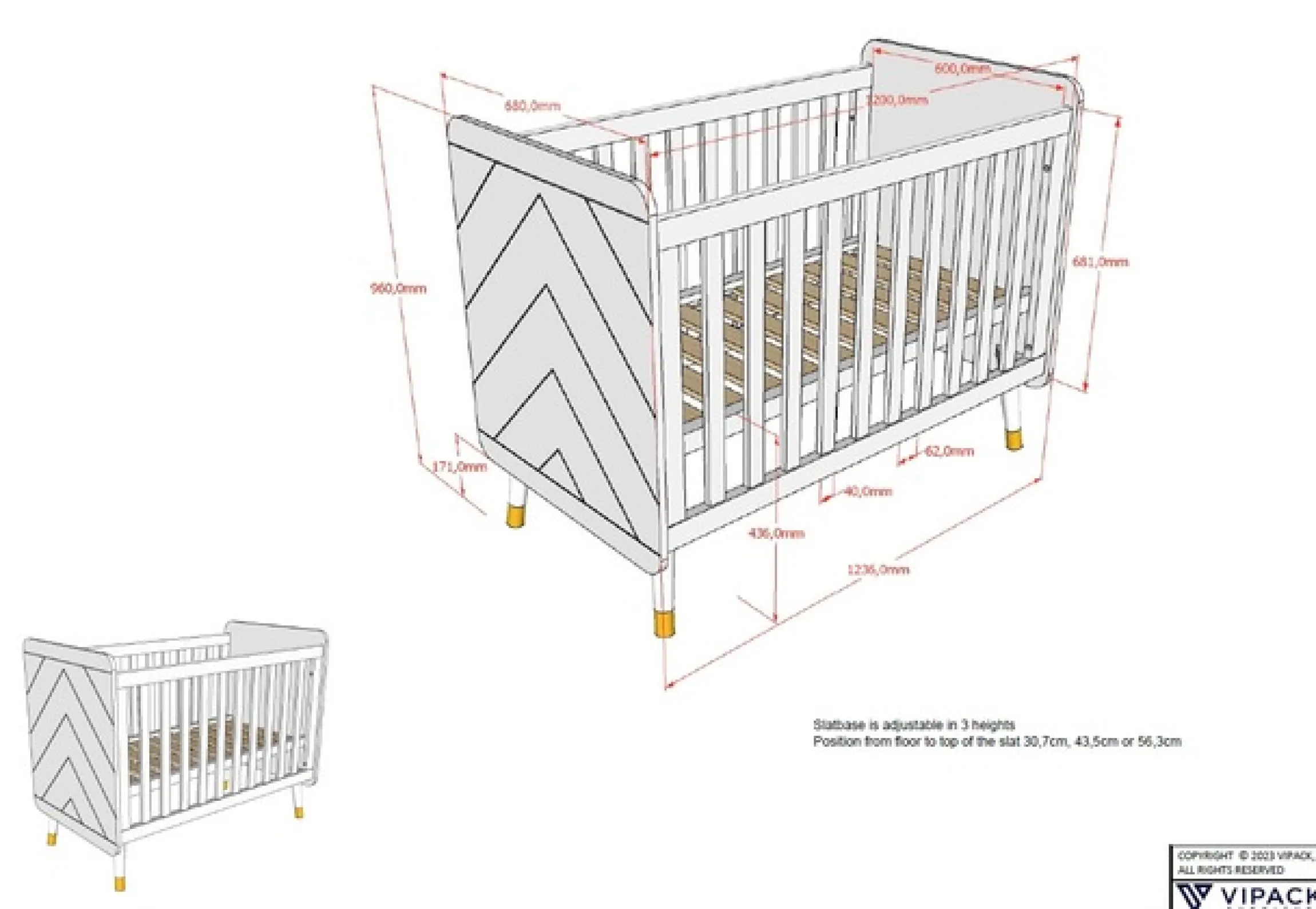 Vipack Kinderbett »Billy, Babybett 60/120 cm, 3-fach verstellbarer Lattenrost« B/H/T ca. 123,6x96x68cm, hochwertig verarbeitet, moderne Optik,Ausf. MDF lackiert, wahlweise 3 Farben