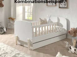 Vipack Kinderbett »Kiddy, inkl. Rolllattenrost, niedrige Einstiegshöhe, stabil gebaut« B/H/T ca. 147x68x77cm, MDF weiß lackiert, Füße und Sprossen Kiefer,wahlweise mit oder ohne Bettschublade als Stauraum