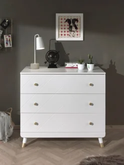 Vipack Schubkastenkommode »Billy, mit 3 geräumigen Schubladen für viel Stauraum« B/H/T ca. 100x89x57cm, moderne Optik mit profilierter Front,Goldefarbene Knöpfe, der Korpus ist MDF weiß lackiert