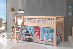 Vipack Spielbett »Forrest, Absturzschutz mit Sprossen-Optik, Pfostenstärken ca. 50x50mm« Buche natur lackiert, stabil und hochwertig gebaut, inkl. Lattenrost,90/200 cm, inkl. Vorhang-Set 3-tlg., Spielbereich unter dem Bett