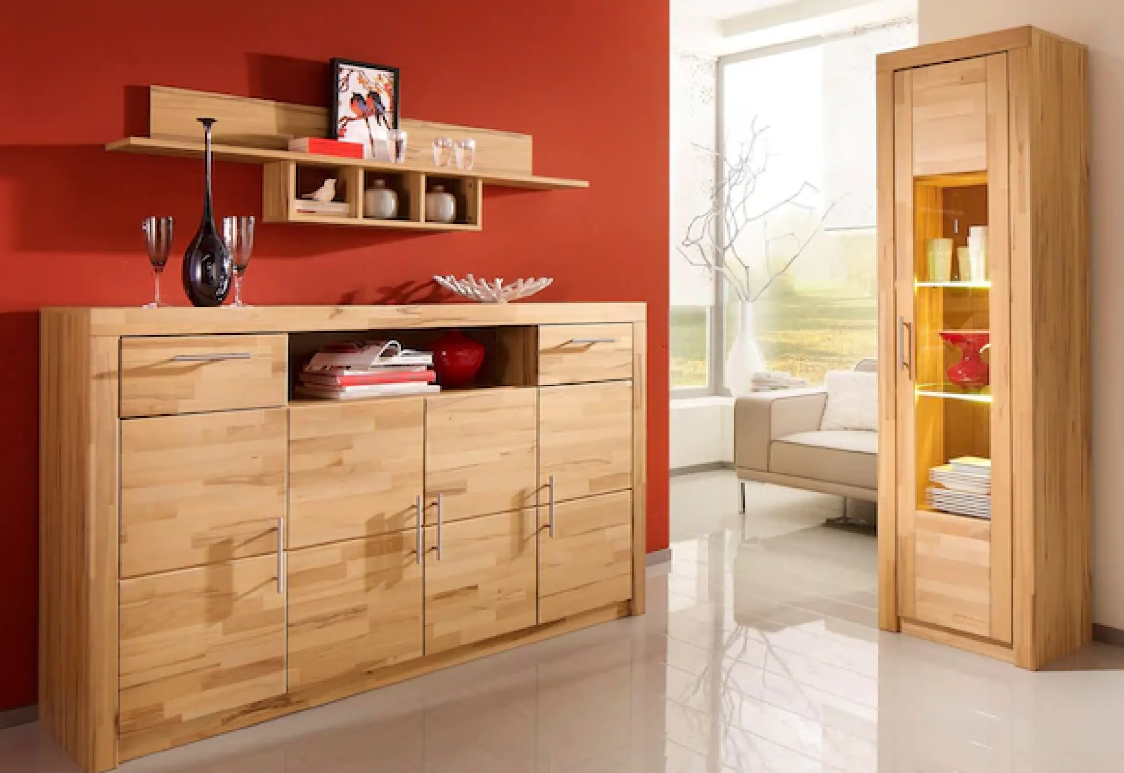 VOGL Möbelfabrik Highboard »Toronto« opt. Glastüren, teilmassiv, Rahmenoptik, Made in Germany