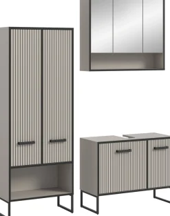 welltime Badezimmer-Set »LOCRI, 3-tlg. Badkombination, Breite 154 cm, Rillenoptik, Metallkufen« bestehend aus: Hochschrank, Waschbeckeunterschrank & Spiegelschrank, 3 Stk. tlg.