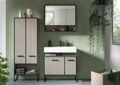 welltime Badezimmer-Set »LOCRI, 3-tlg. Badkombination, Breite 154 cm, Rillenoptik, Metallkufen« bestehend aus: Hochschrank, Waschbeckeunterschrank & Spiegelschrank, 3 Stk. tlg.