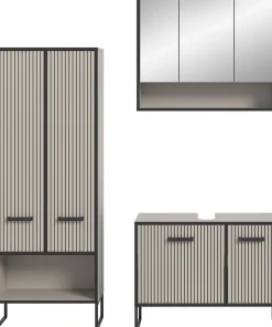 welltime Badezimmer-Set »LOCRI, 3-tlg. Badkombination, Breite 154 cm, Rillenoptik, Metallkufen« bestehend aus: Hochschrank, Waschbeckeunterschrank & Spiegelschrank, 3 Stk. tlg.