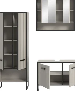 welltime Badezimmer-Set »LOCRI, 3-tlg. Badkombination, Breite 154 cm, Rillenoptik, Metallkufen« bestehend aus: Hochschrank, Waschbeckeunterschrank & Spiegelschrank, 3 Stk. tlg.
