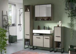 welltime Badezimmer-Set »LOCRI, 3-tlg. Badkombination, Breite 154 cm, Rillenoptik, Metallkufen« bestehend aus: Hochschrank, Waschbeckeunterschrank & Spiegelschrank, 3 Stk. tlg.