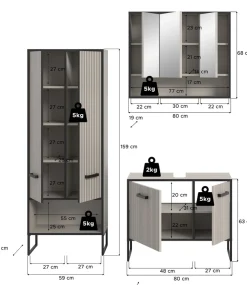 welltime Badezimmer-Set »LOCRI, 3-tlg. Badkombination, Breite 154 cm, Rillenoptik, Metallkufen« bestehend aus: Hochschrank, Waschbeckeunterschrank & Spiegelschrank, 3 Stk. tlg.