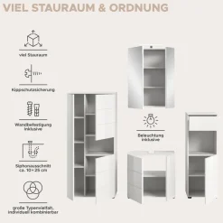 welltime Badmöbel-Set »BIEL, Höhe 190 cm,Hochschrank,WBU, Spiegelschrank, Unterschrank, Lampe« 5 Stk. tlg.