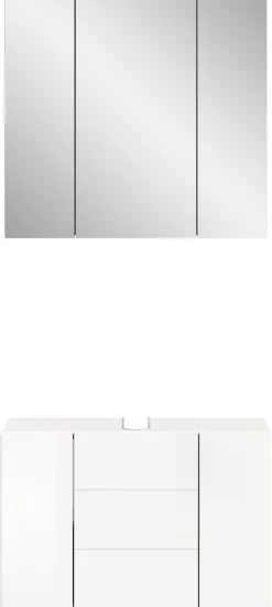 welltime Badmöbel-Set »BIEL,2 teilig, inkl. Beleuchtung, MDF Front, Rillenoptik« best. aus: Waschbeckenunterschrank, Spiegelschrank inkl. Beleuchtung, 2 Stk. tlg.