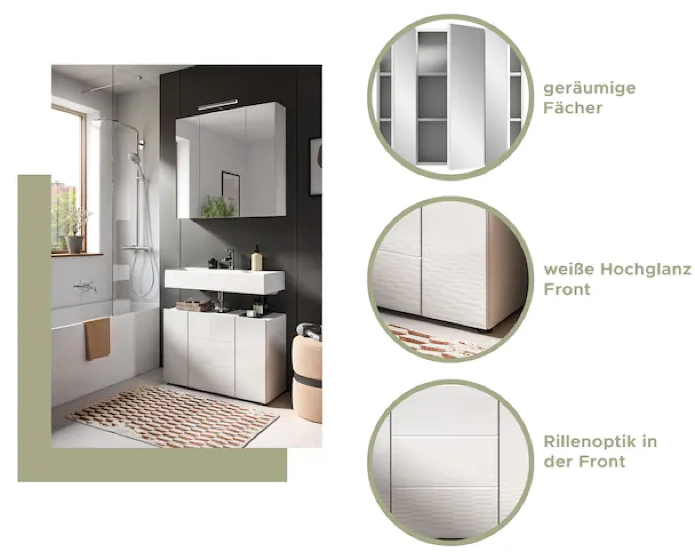 welltime Badmöbel-Set »BIEL,2 teilig, inkl. Beleuchtung, MDF Front, Rillenoptik« best. aus: Waschbeckenunterschrank, Spiegelschrank inkl. Beleuchtung, 2 Stk. tlg.