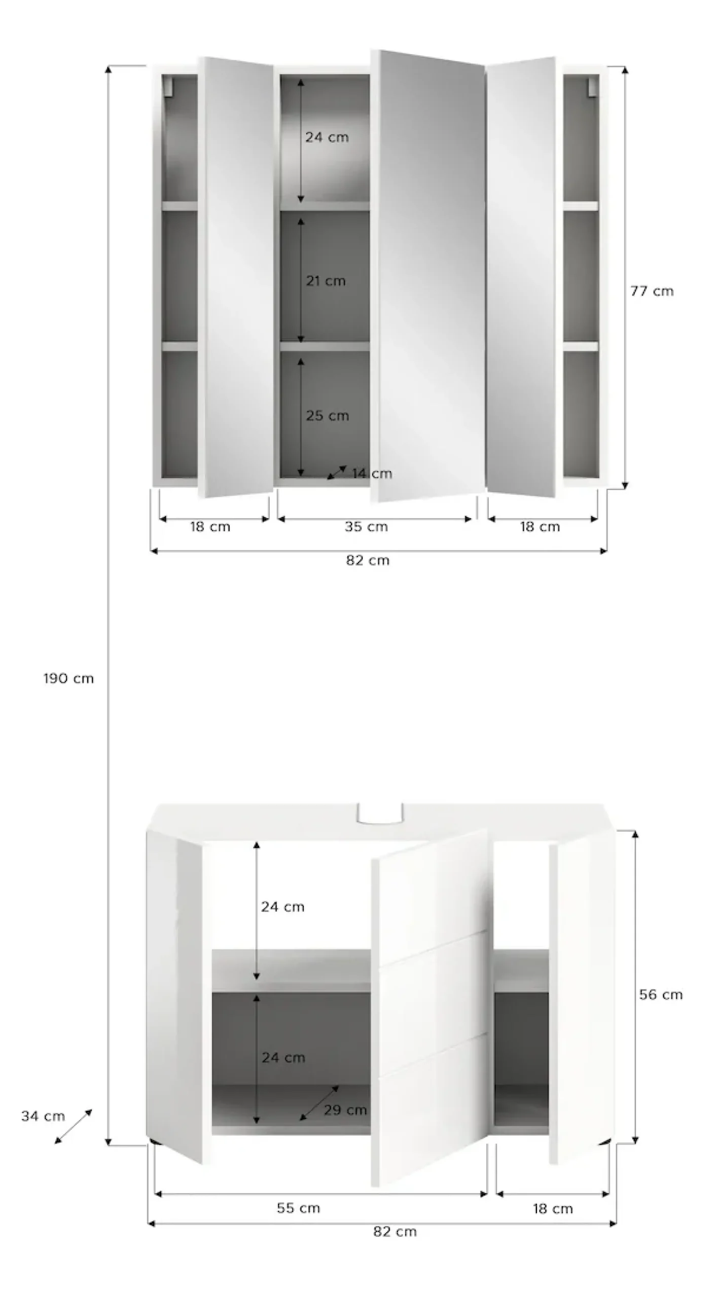 welltime Badmöbel-Set »BIEL,2 teilig, inkl. Beleuchtung, MDF Front, Rillenoptik« best. aus: Waschbeckenunterschrank, Spiegelschrank inkl. Beleuchtung, 2 Stk. tlg.