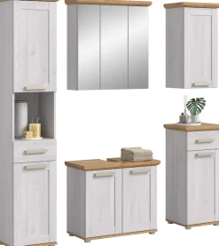 welltime Badmöbel-Set »COSENZA, 5-teilig, inkl. Beleuchtung, mit farblich abgesetztem Kranz« best aus: Hochschrank, WBU, Spiegelschrank, Hängeschrank, Unterschrank, 6 Stk. tlg.