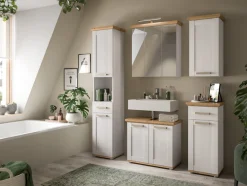 welltime Badmöbel-Set »COSENZA, 5-teilig, inkl. Beleuchtung, mit farblich abgesetztem Kranz« best aus: Hochschrank, WBU, Spiegelschrank, Hängeschrank, Unterschrank, 6 Stk. tlg.