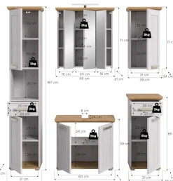 welltime Badmöbel-Set »COSENZA, 5-teilig, inkl. Beleuchtung, mit farblich abgesetztem Kranz« best aus: Hochschrank, WBU, Spiegelschrank, Hängeschrank, Unterschrank, 6 Stk. tlg.