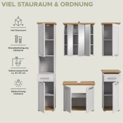 welltime Badmöbel-Set »COSENZA, 5-teilig, inkl. Beleuchtung, mit farblich abgesetztem Kranz« best aus: Hochschrank, WBU, Spiegelschrank, Hängeschrank, Unterschrank, 6 Stk. tlg.