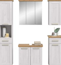 welltime Badmöbel-Set »COSENZA, 5-teilig, inkl. Beleuchtung, mit farblich abgesetztem Kranz« best aus: Hochschrank, WBU, Spiegelschrank, Hängeschrank, Unterschrank, 6 Stk. tlg.