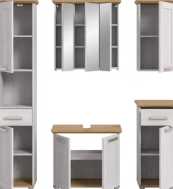 welltime Badmöbel-Set »COSENZA, 5-teilig, inkl. Beleuchtung, mit farblich abgesetztem Kranz« best aus: Hochschrank, WBU, Spiegelschrank, Hängeschrank, Unterschrank, 6 Stk. tlg.