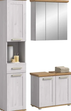 welltime Badmöbel-Set »COSENZA, 3-teilig, in Landhausoptik, mit farblich abgesetztem Kranz« best. aus: Hochschrank, Spiegelschrank und Waschbeckenunterschrank, 3 Stk. tlg.