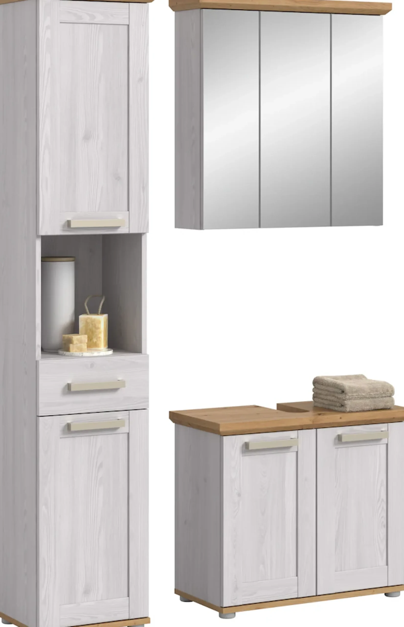 welltime Badmöbel-Set »COSENZA, 3-teilig, in Landhausoptik, mit farblich abgesetztem Kranz« best. aus: Hochschrank, Spiegelschrank und Waschbeckenunterschrank, 3 Stk. tlg.