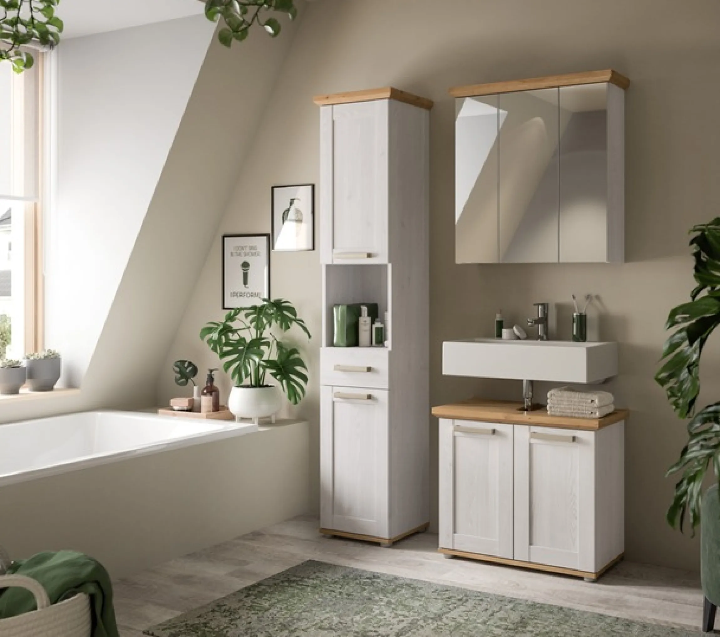 welltime Badmöbel-Set »COSENZA, 3-teilig, in Landhausoptik, mit farblich abgesetztem Kranz« best. aus: Hochschrank, Spiegelschrank und Waschbeckenunterschrank, 3 Stk. tlg.