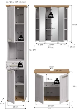 welltime Badmöbel-Set »COSENZA, 3-teilig, in Landhausoptik, mit farblich abgesetztem Kranz« best. aus: Hochschrank, Spiegelschrank und Waschbeckenunterschrank, 3 Stk. tlg.