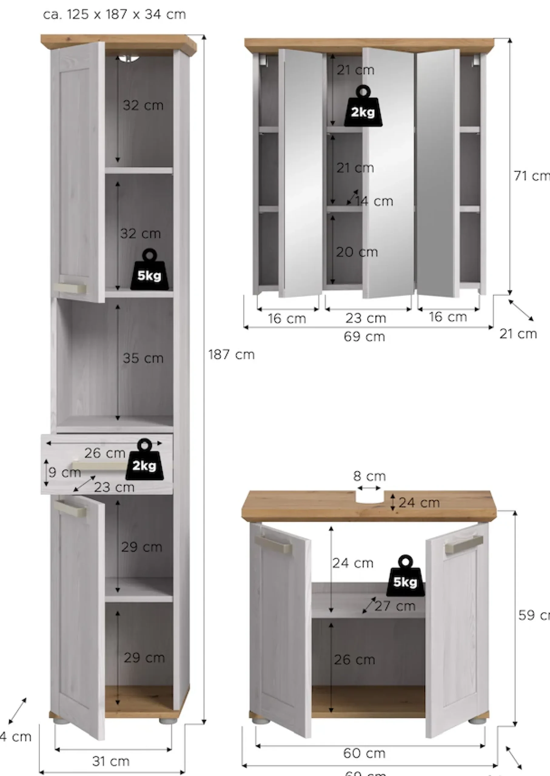 welltime Badmöbel-Set »COSENZA, 3-teilig, in Landhausoptik, mit farblich abgesetztem Kranz« best. aus: Hochschrank, Spiegelschrank und Waschbeckenunterschrank, 3 Stk. tlg.