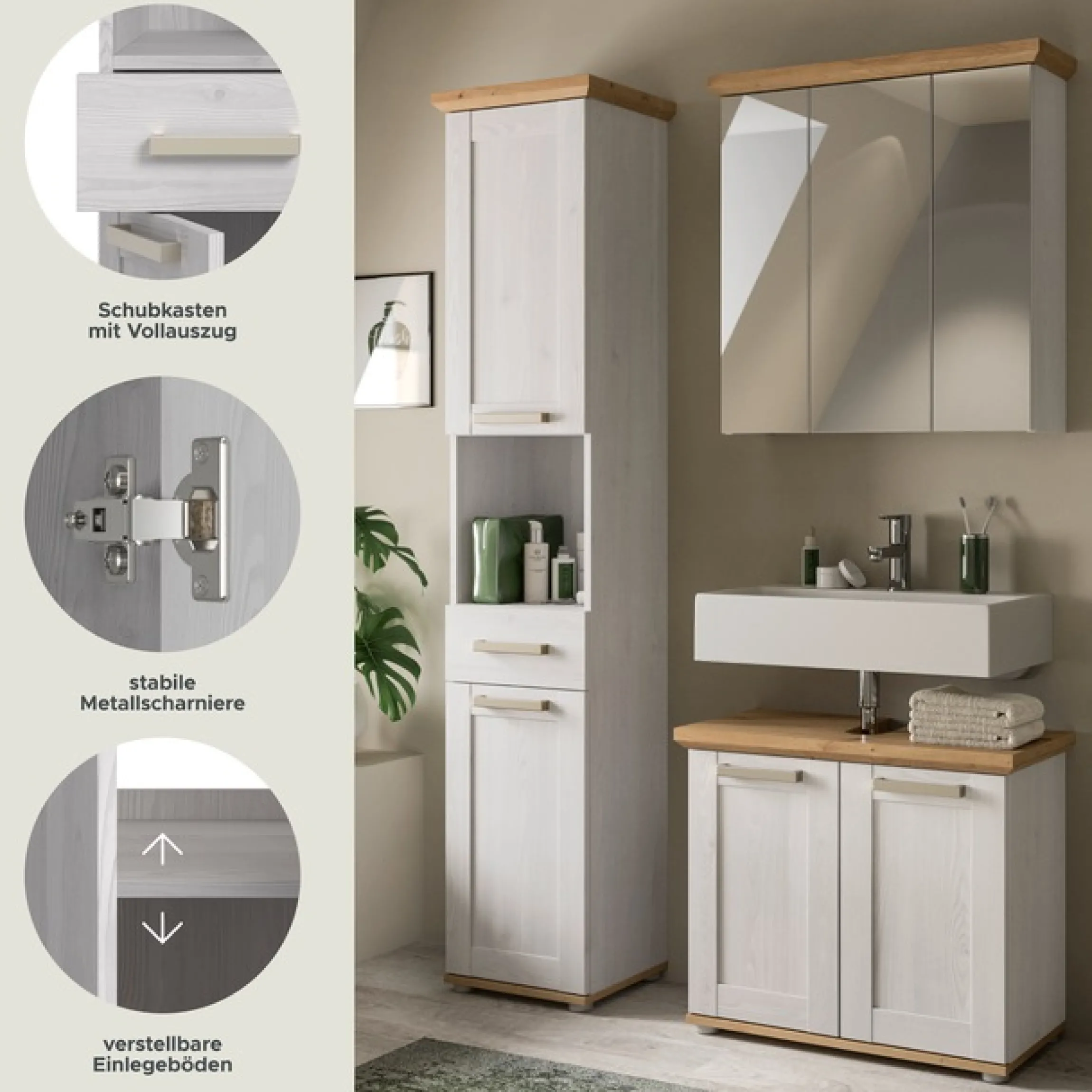 welltime Badmöbel-Set »COSENZA, 3-teilig, in Landhausoptik, mit farblich abgesetztem Kranz« best. aus: Hochschrank, Spiegelschrank und Waschbeckenunterschrank, 3 Stk. tlg.
