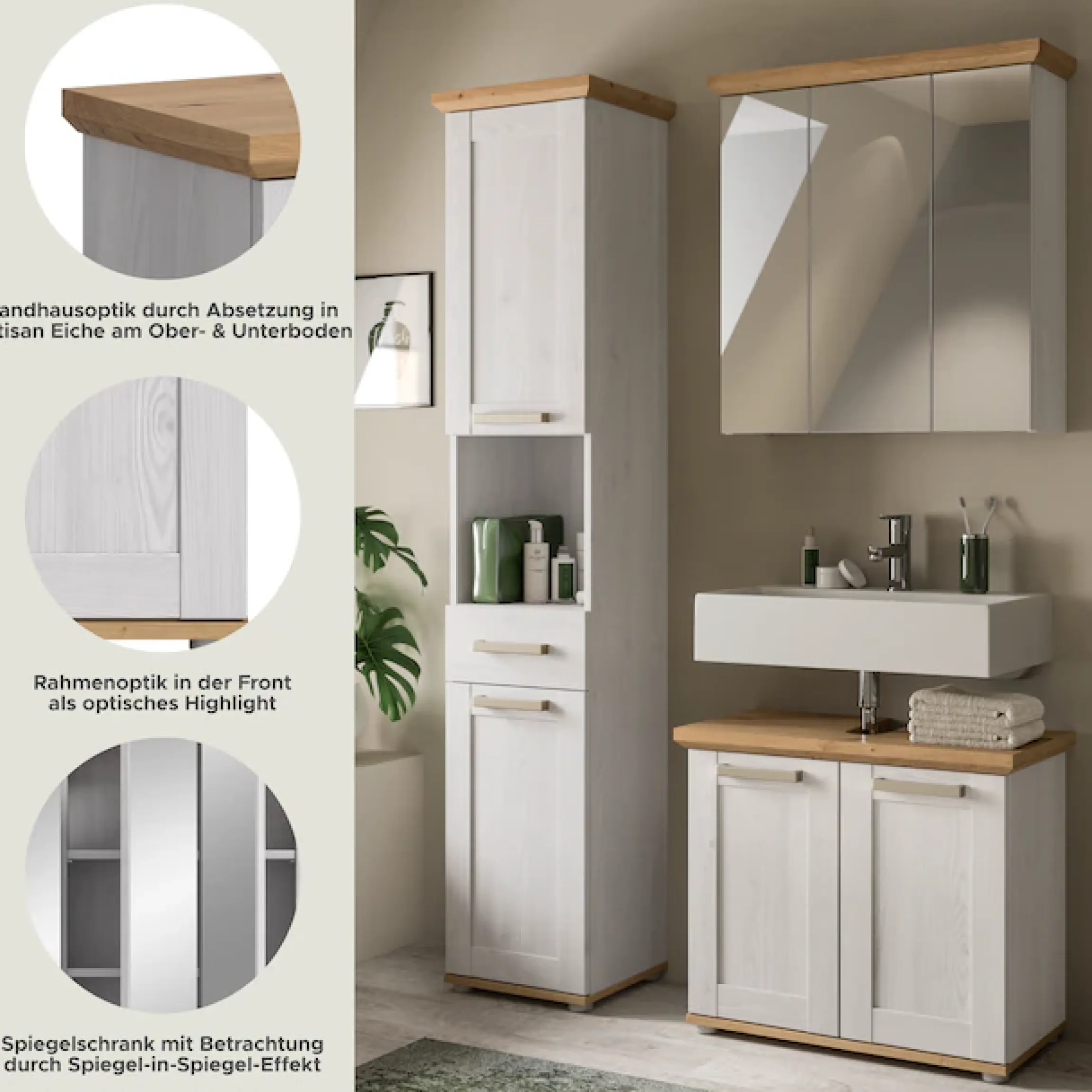 welltime Badmöbel-Set »COSENZA, 3-teilig, in Landhausoptik, mit farblich abgesetztem Kranz« best. aus: Hochschrank, Spiegelschrank und Waschbeckenunterschrank, 3 Stk. tlg.