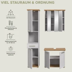 welltime Badmöbel-Set »COSENZA, 3-teilig, in Landhausoptik, mit farblich abgesetztem Kranz« best. aus: Hochschrank, Spiegelschrank und Waschbeckenunterschrank, 3 Stk. tlg.