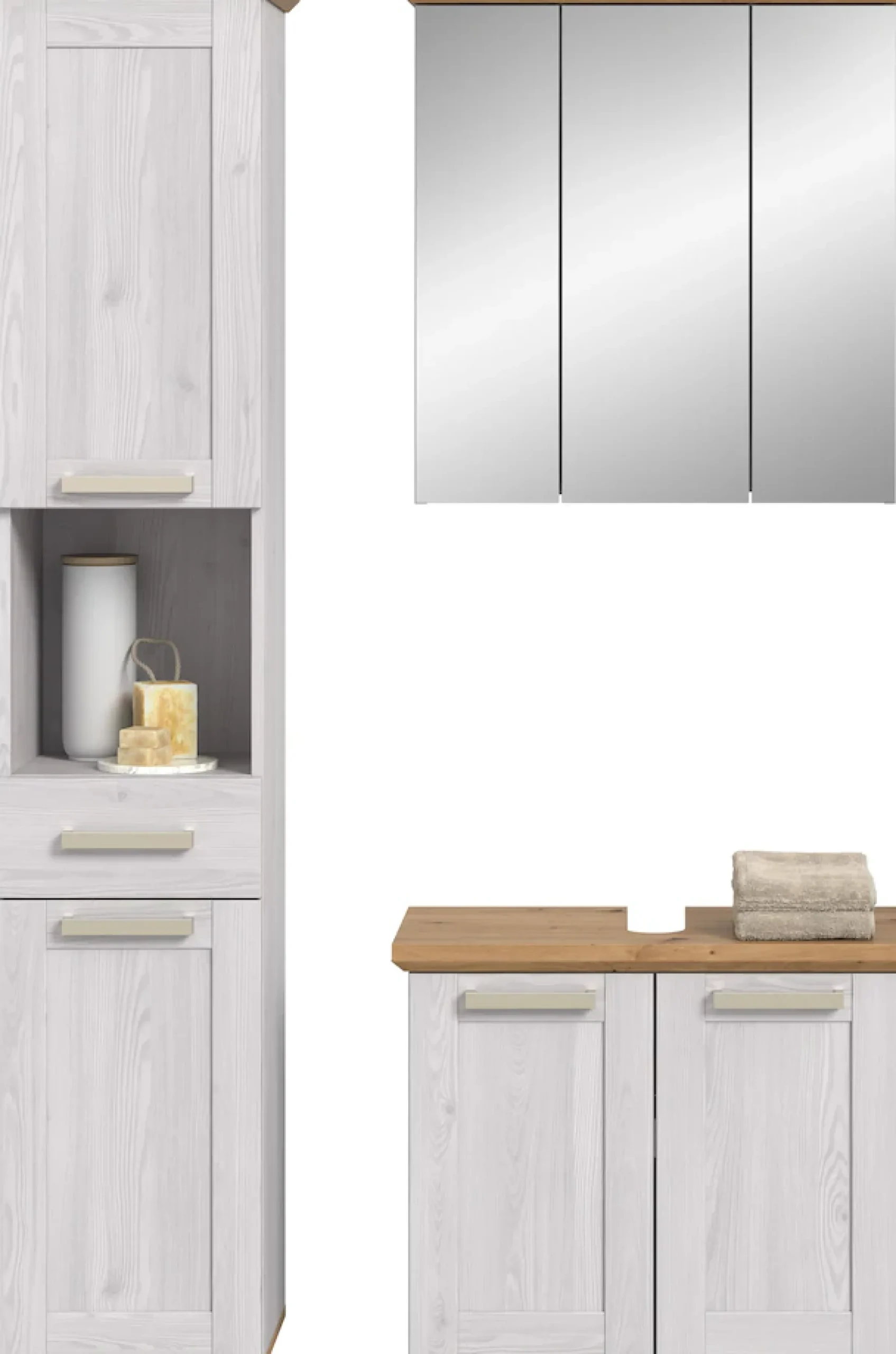 welltime Badmöbel-Set »COSENZA, 3-teilig, in Landhausoptik, mit farblich abgesetztem Kranz« best. aus: Hochschrank, Spiegelschrank und Waschbeckenunterschrank, 3 Stk. tlg.