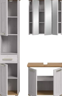 welltime Badmöbel-Set »COSENZA, 3-teilig, in Landhausoptik, mit farblich abgesetztem Kranz« best. aus: Hochschrank, Spiegelschrank und Waschbeckenunterschrank, 3 Stk. tlg.